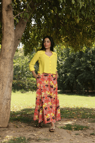Yellow Jute Shirt & Printed Cotton Skirt