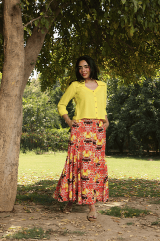 Yellow Jute Shirt & Printed Cotton Skirt