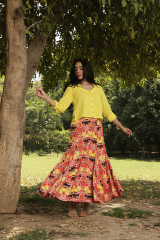Yellow Jute Shirt & Printed Cotton Skirt