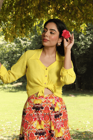 Yellow Jute Shirt & Printed Cotton Skirt