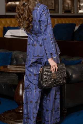 Blue Black Printed Cotton Jacket & Trousers
