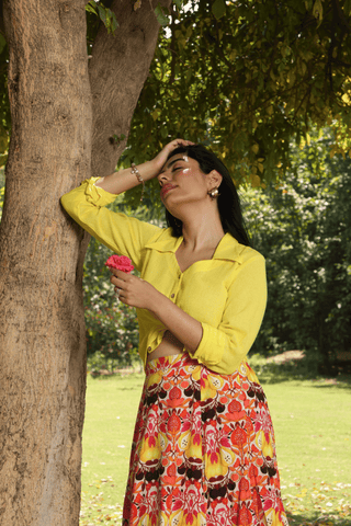 Yellow Jute Shirt & Printed Cotton Skirt