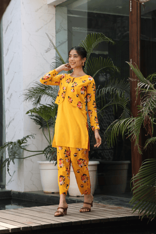 SAFFRON YELLOW CO ORD SET WITH PRINTED JACKET & BOTTOM