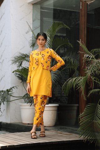 SAFFRON YELLOW CO ORD SET WITH PRINTED JACKET & BOTTOM