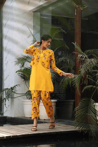 SAFFRON YELLOW CO ORD SET WITH PRINTED JACKET & BOTTOM