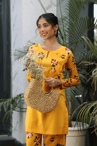 SAFFRON YELLOW CO ORD SET WITH PRINTED JACKET & BOTTOM