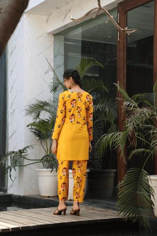 SAFFRON YELLOW CO ORD SET WITH PRINTED JACKET & BOTTOM