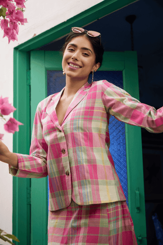 Pink & mint green Madras Cotton checks Jacket & Skirt