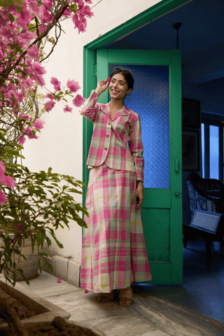 Pink & mint green Madras Cotton checks Jacket & Skirt