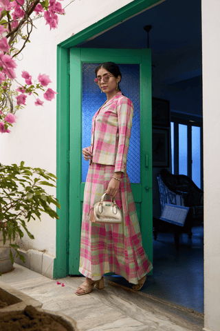 Pink & mint green Madras Cotton checks Jacket & Skirt