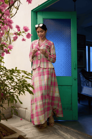 Pink & mint green Madras Cotton checks Jacket & Skirt