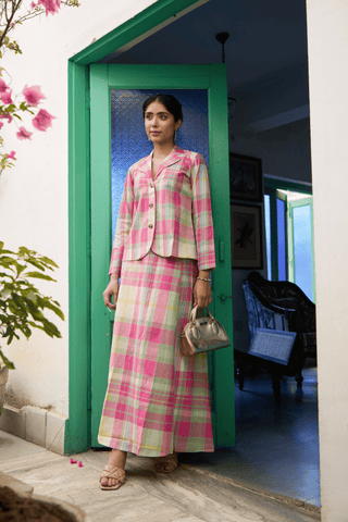 Pink & mint green Madras Cotton checks Jacket & Skirt