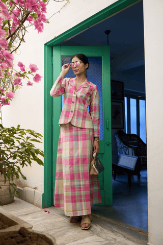 Pink & mint green Madras Cotton checks Jacket & Skirt
