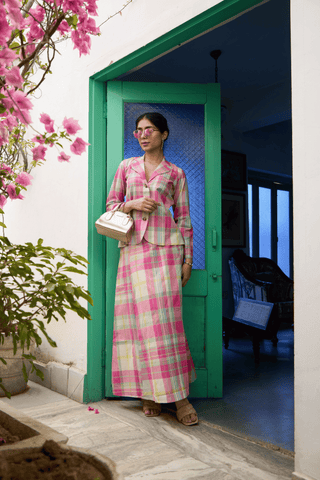 Pink & mint green Madras Cotton checks Jacket & Skirt