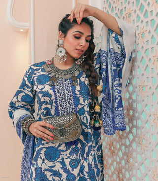 Blue Flower Print Cotton Garara Set with Dupatta