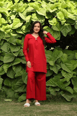 RED LAWN SHORT KURTA AND CHIKANKARI PANTS
