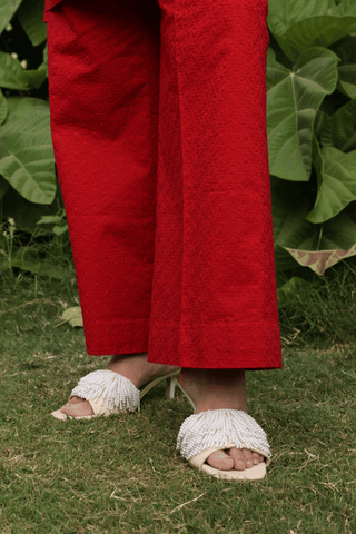 RED LAWN SHORT KURTA AND CHIKANKARI PANTS