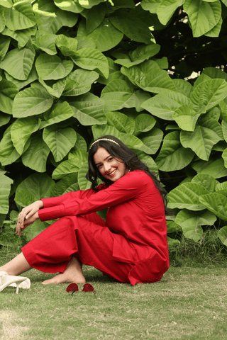 RED LAWN SHORT KURTA AND CHIKANKARI PANTS