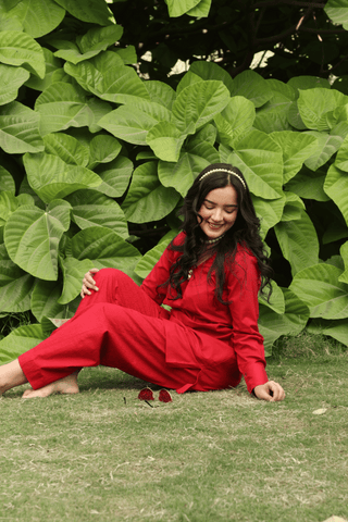 RED LAWN SHORT KURTA AND CHIKANKARI PANTS