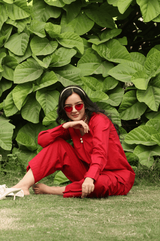 RED LAWN SHORT KURTA AND CHIKANKARI PANTS