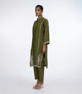 Mehandi Green Lawn Embroiderd co-ord set