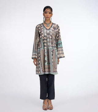 Grey Cotton kurta with long bell sleeves.